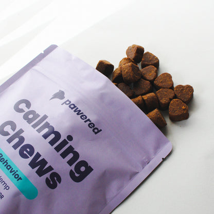 calming dog chews, natural ingredients, hemp for dogs, valerian root for dogs, melatonin for dogs, organic chamomile for dogs